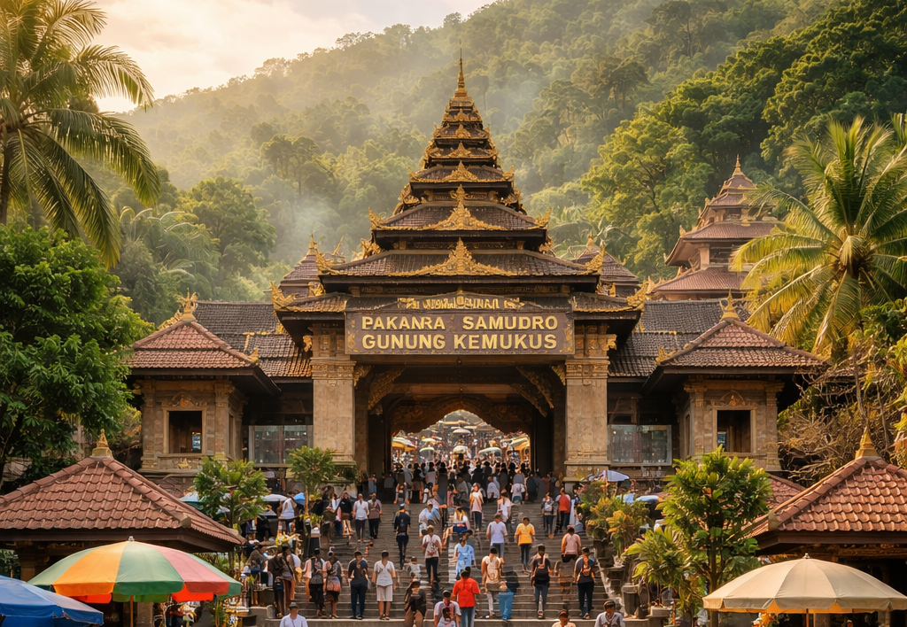 Pengunjung berjalan menyusuri kawasan Gunung Kemukus, Sragen, Jawa Tengah, yang dikenal sebagai wisata religi dan budaya.