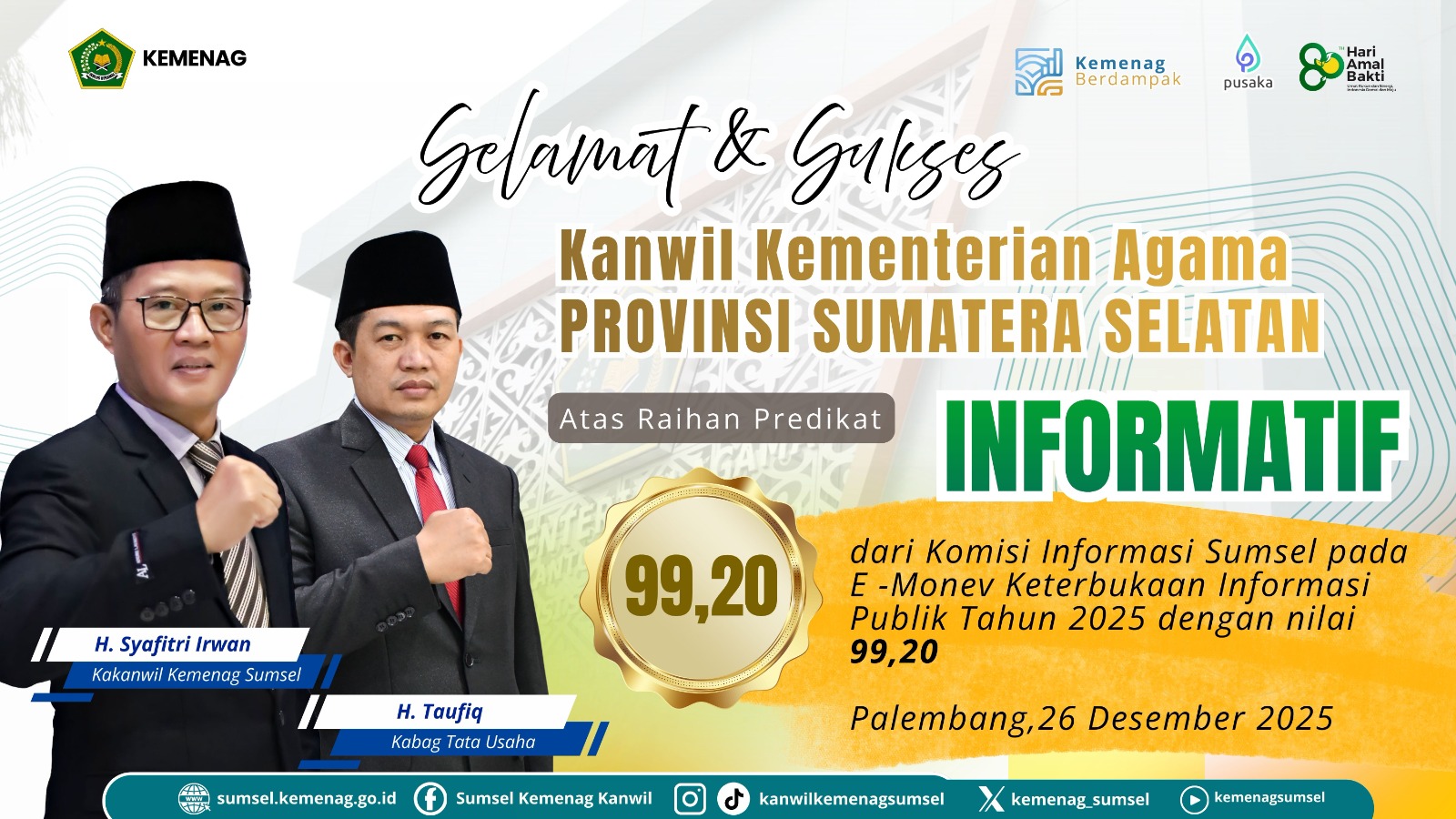 Kanwil Kemenag Sumsel Raih Predikat Informatif, Hasil E-Monev Keterbukaan Informasi Publik.