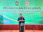 Gubernur Sumatera Selatan H. Herman Deru menyampaikan sambutan saat pelantikan Pengurus POGI Cabang Sumsel periode 2025–2028 di Palembang, Sabtu (27/12/2025).