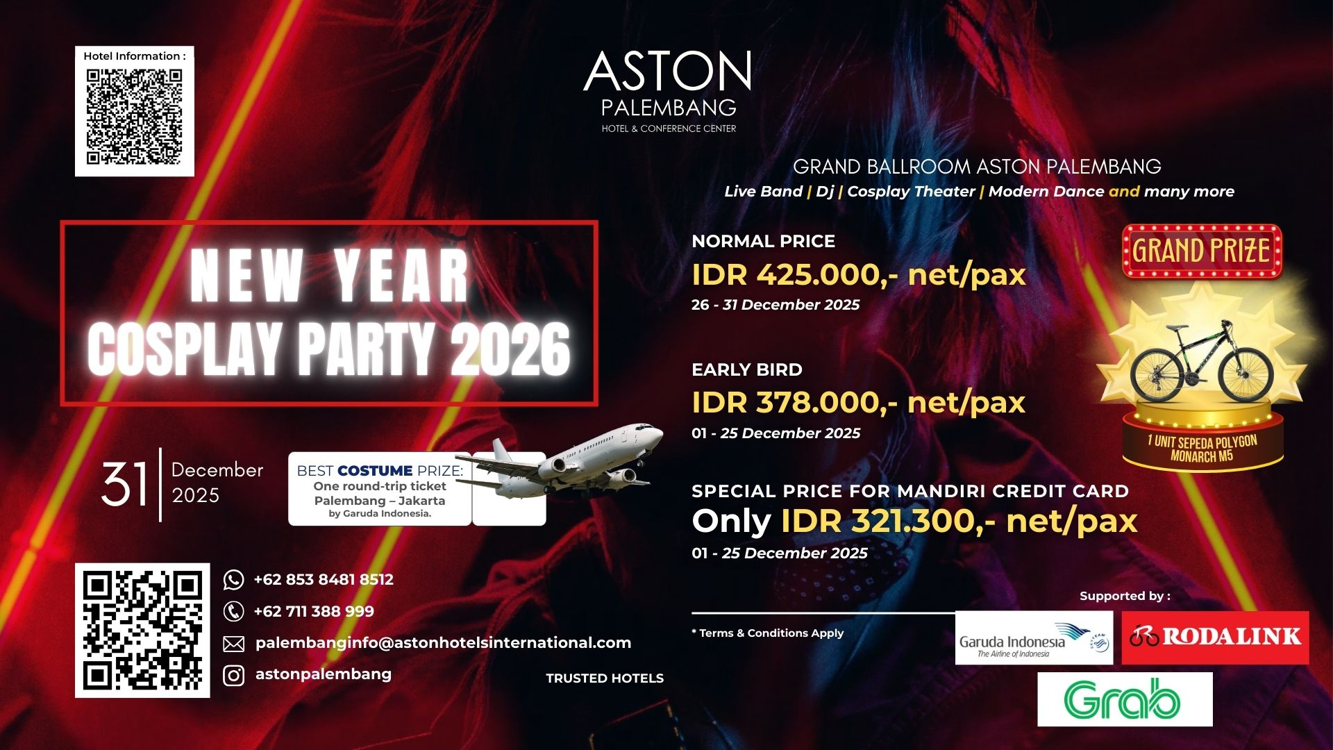Rayakan malam tahun baru penuh kreativitas di New Year Cosplay Party 2026 ASTON Palembang. Siap tampil dengan kostum terbaikmu?
