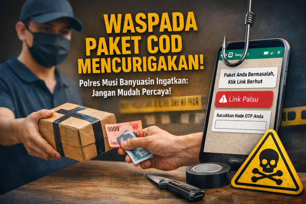 Waspada paket COD mencurigakan. Polres Musi Banyuasin mengimbau masyarakat agar tidak mudah percaya dan menolak membayar paket yang tidak pernah dipesan guna menghindari modus penipuan.