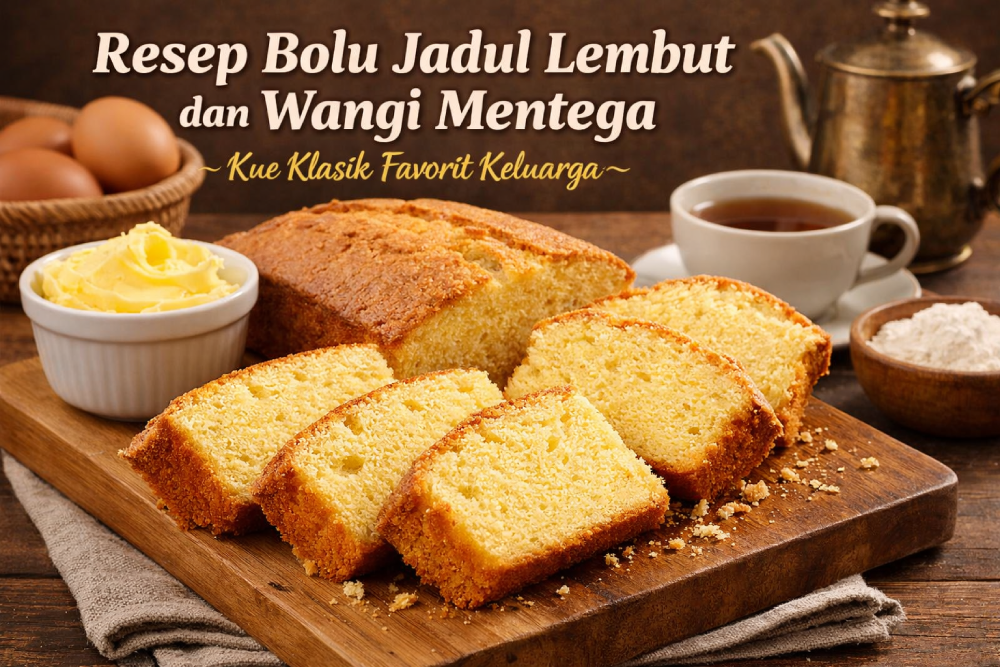 Bolu jadul lembut dengan aroma mentega yang khas, kue klasik favorit keluarga yang selalu menggugah selera sejak potongan pertama.