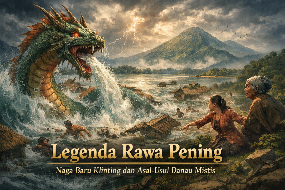Legenda Rawa Pening menggambarkan kemunculan Naga Baru Klinting yang menenggelamkan sebuah desa akibat kesombongan warganya, hingga terbentuklah danau besar yang kini menjadi ikon Jawa Tengah.