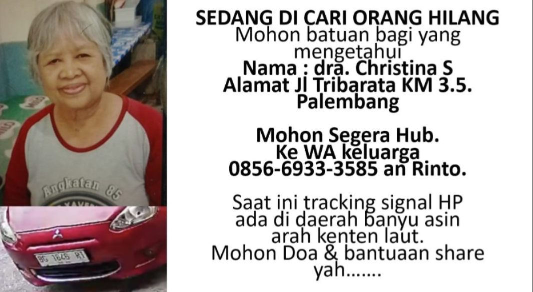 Wanita Lansia di Palembang Dikabarkan Menghilang Usai Mengambil Nomor Antrean di RS Bhayangkara, Mobil Ikut Hilang