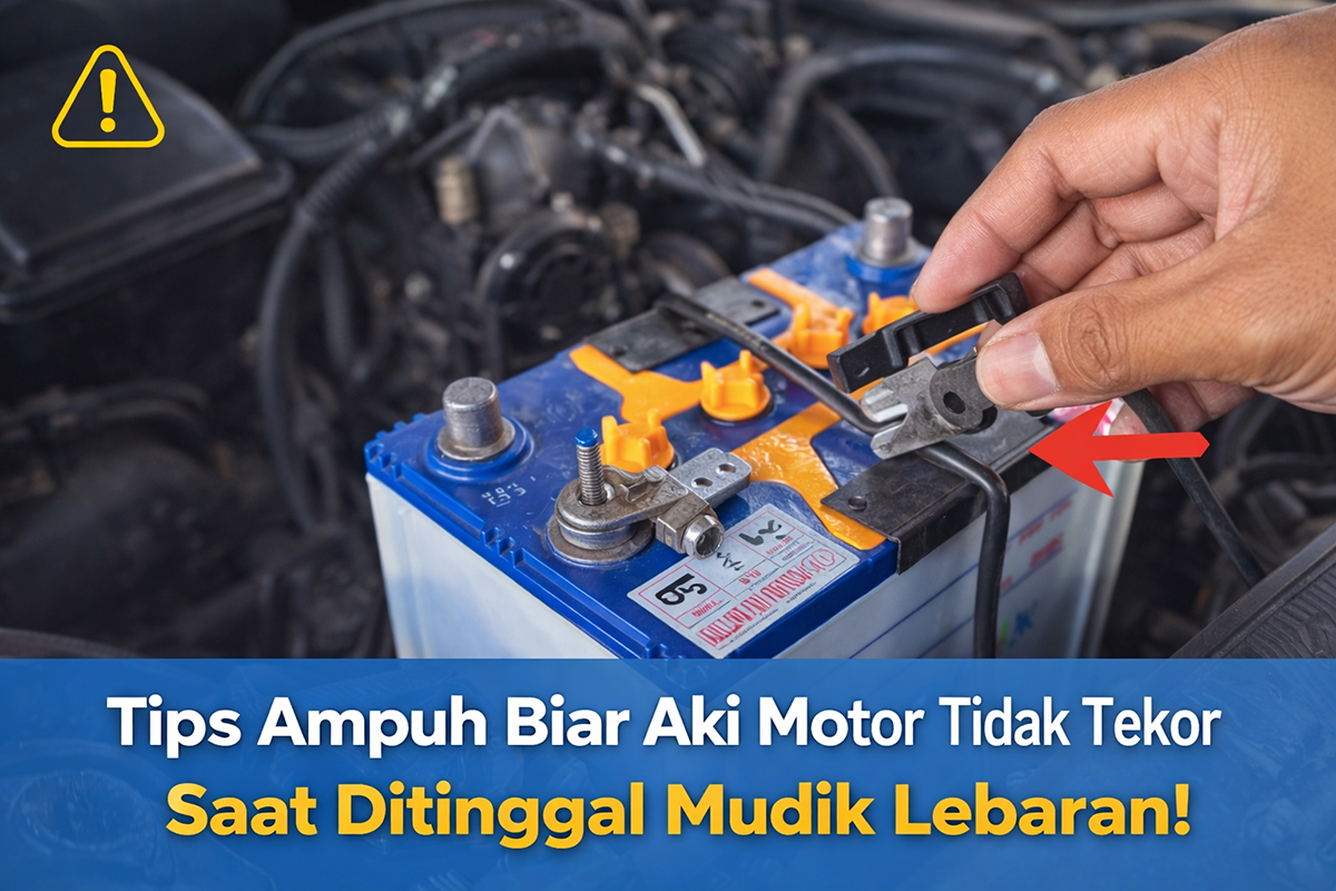 Lepas kabel kutub negatif aki motor sebelum mudik Lebaran untuk mencegah aki tekor akibat sistem kelistrikan yang tetap menyedot daya saat motor tidak digunakan dalam waktu lama.