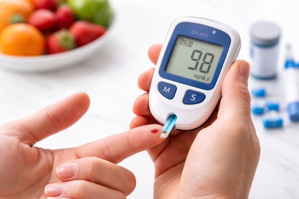 Petugas medis melakukan pengecekan kadar gula darah menggunakan alat glukometer sebagai langkah deteksi dini untuk menjaga kesehatan dan mencegah risiko diabetes.