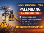 Petugas PLN melakukan pemeliharaan jaringan listrik sebagai upaya meningkatkan keandalan pasokan. PLN UP3 Palembang menjadwalkan pemeliharaan terencana pada 3–4 Februari 2026 yang berpotensi menyebabkan pemadaman sementara di sejumlah wilayah. Petugas PLN melakukan pemeliharaan jaringan listrik sebagai upaya meningkatkan keandalan pasokan. PLN UP3 Palembang menjadwalkan pemeliharaan terencana pada 3–4 Februari 2026 yang berpotensi menyebabkan pemadaman sementara di sejumlah wilayah.