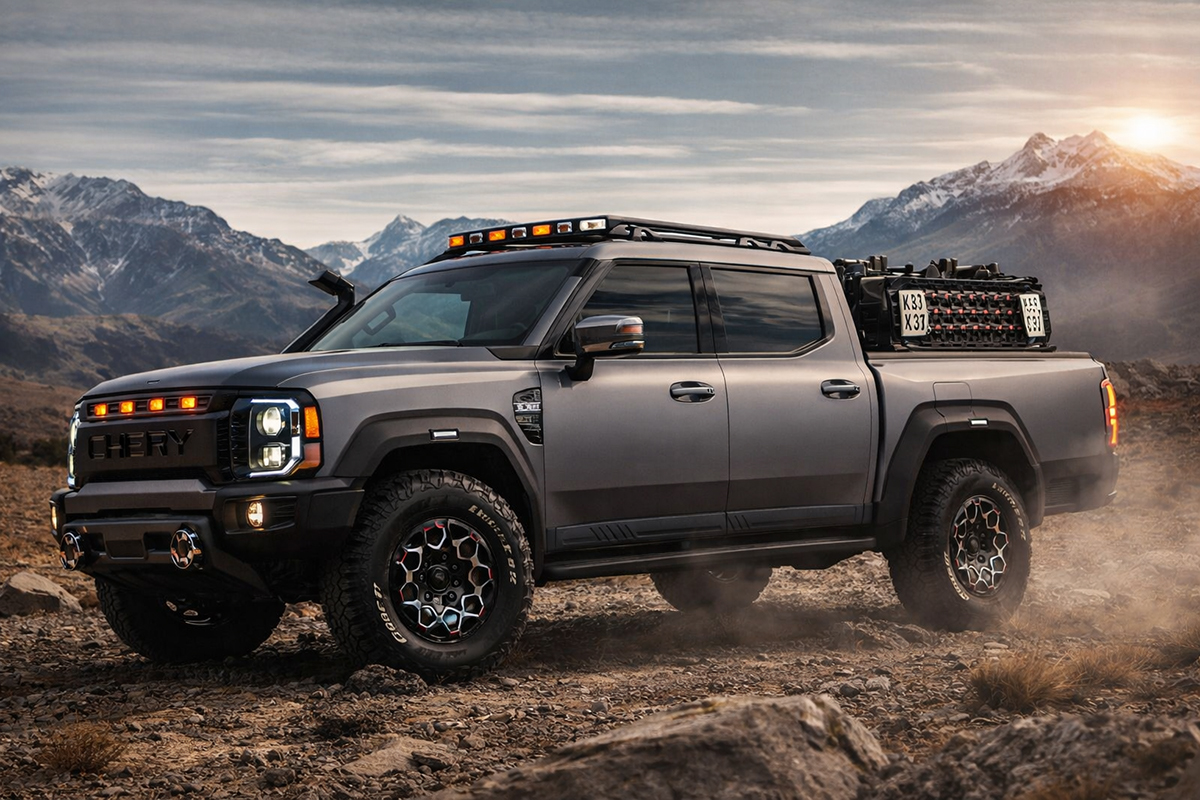 Chery KP31 pickup double cabin diesel plug-in hybrid yang disiapkan menjadi penantang Ford Ranger dengan desain gagah, ban all-terrain, dan kemampuan off-road mumpuni.