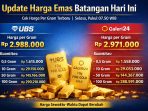 Update harga emas batangan UBS dan Galeri24 hari ini, mulai dari 0,5 gram hingga 1 kilogram.