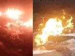 Kobaran api terlihat membumbung tinggi dari lokasi kebocoran pipa migas di Dusun 8 Desa Talang Akar, Kecamatan Talang Ubi, Kabupaten PALI, Kamis (26/2/2026), memicu kepanikan warga sekitar.