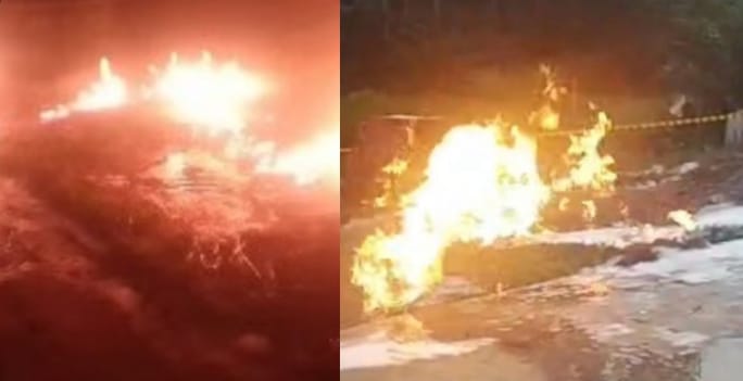 Kobaran api terlihat membumbung tinggi dari lokasi kebocoran pipa migas di Dusun 8 Desa Talang Akar, Kecamatan Talang Ubi, Kabupaten PALI, Kamis (26/2/2026), memicu kepanikan warga sekitar.
