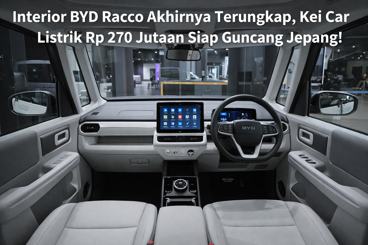 Interior BYD Racco tampil modern dan fungsional dengan layar sentuh melayang, panel instrumen digital, serta desain kabin compact khas Kei Car listrik yang siap meluncur di Jepang dengan harga sekitar Rp 270 jutaan.