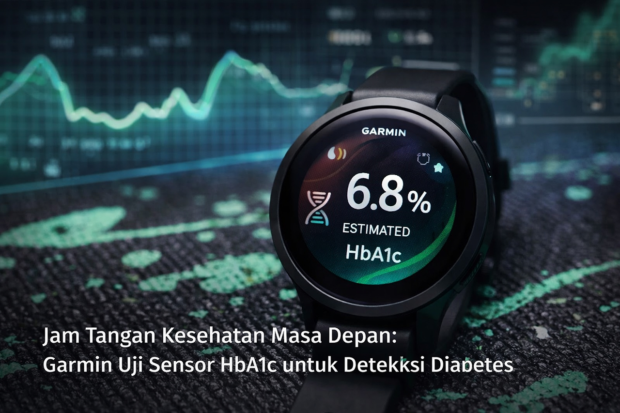 Jam tangan pintar Garmin menampilkan estimasi HbA1c berbasis sensor optik, teknologi kesehatan masa depan yang dikembangkan untuk membantu deteksi dini risiko diabetes secara non-invasif tanpa tusukan jari.