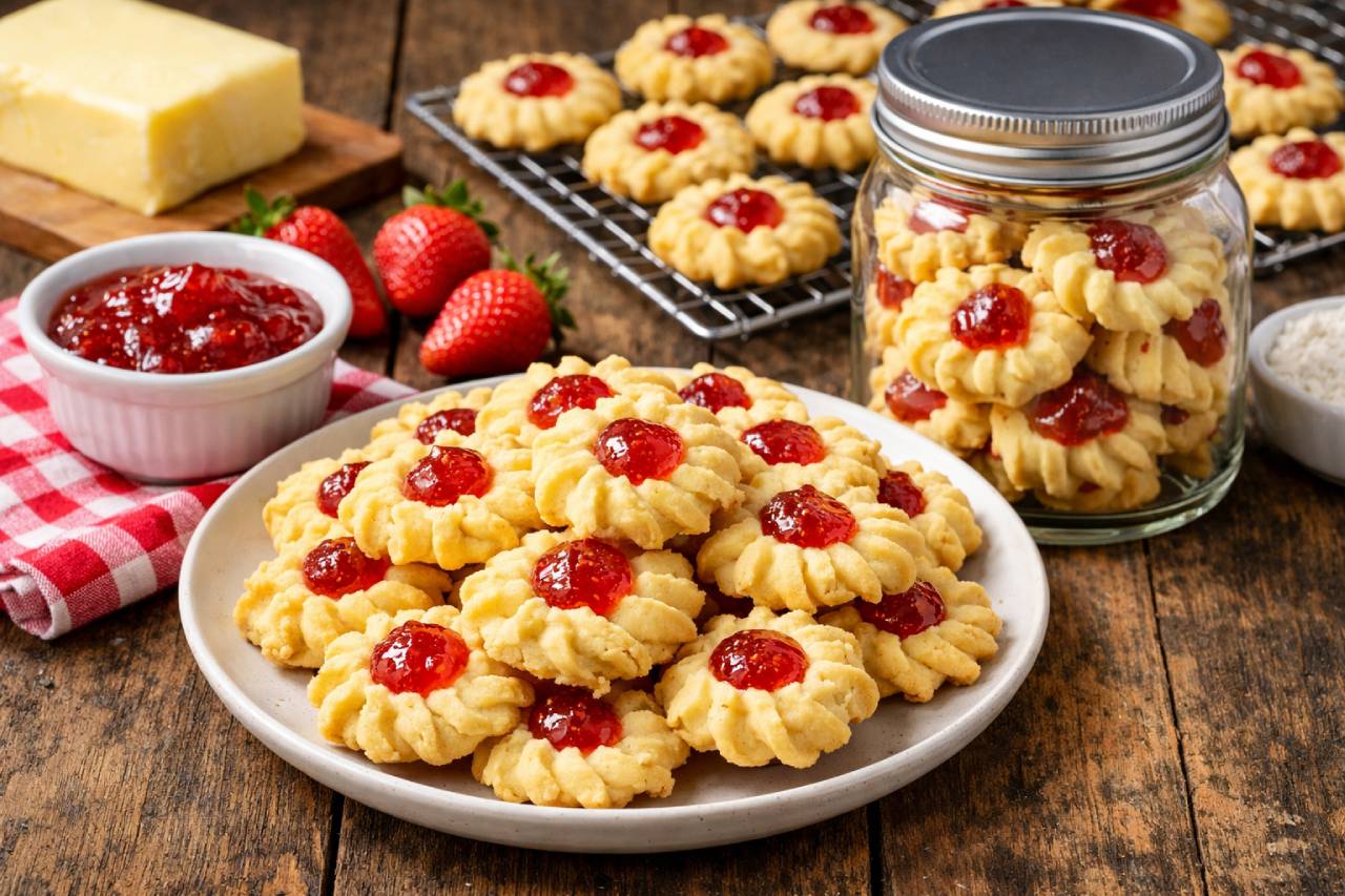 Kue semprit jadul strawberry dengan tekstur renyah dan isian selai manis, sajian klasik yang selalu hadirkan nostalgia di meja keluarga.