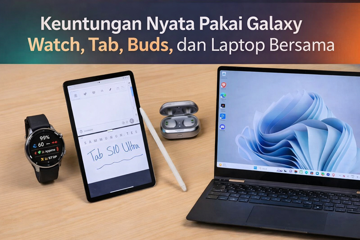 Ekosistem Samsung Galaxy memungkinkan Galaxy Watch, Tab, Buds, dan Galaxy Book terhubung secara seamless, memudahkan transfer file, sinkronisasi notifikasi, dan meningkatkan produktivitas tanpa hambatan.