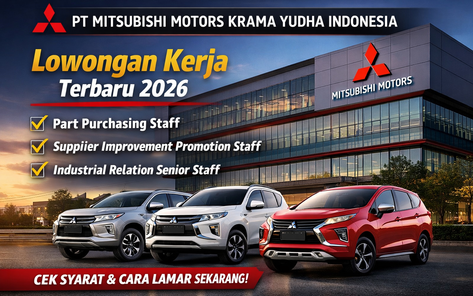 Lowongan Kerja PT Mitsubishi Motors Krama Yudha Indonesia 2026 resmi dibuka untuk beberapa posisi strategis.