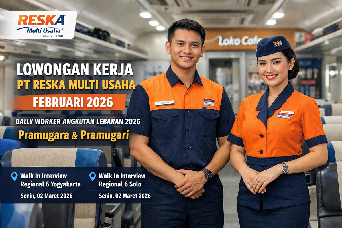 Pramugara dan pramugari PT Reska Multi Usaha (KAI Services) saat bertugas melayani penumpang kereta api.