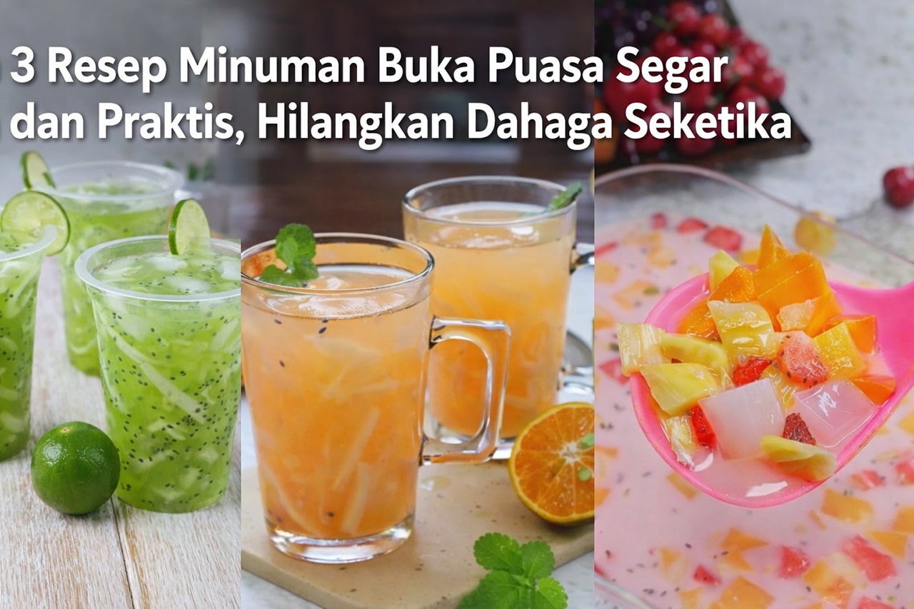 Aneka minuman buka puasa segar seperti es timun selasih, es kelapa jeruk, dan es buah sirup yang praktis dibuat untuk menghilangkan dahaga saat berbuka puasa.