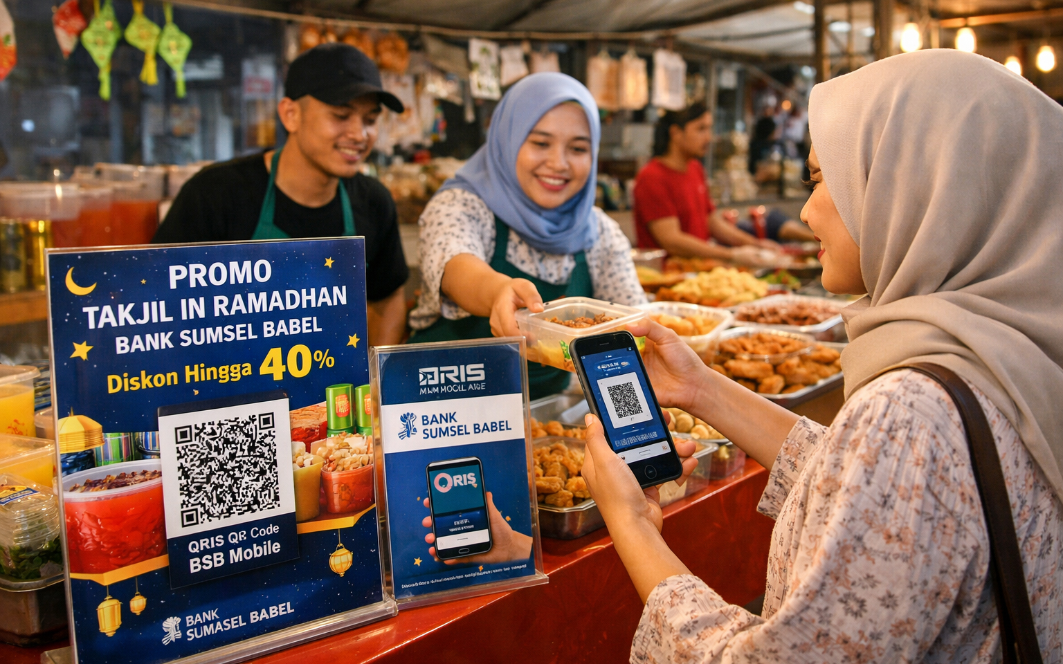 Nasabah melakukan transaksi menggunakan QRIS BSB Mobile untuk menikmati Promo Takjil in Ramadhan dari Bank Sumsel Babel dengan diskon hingga 40 persen di merchant pilihan selama bulan suci Ramadhan 1447 Hijriah.