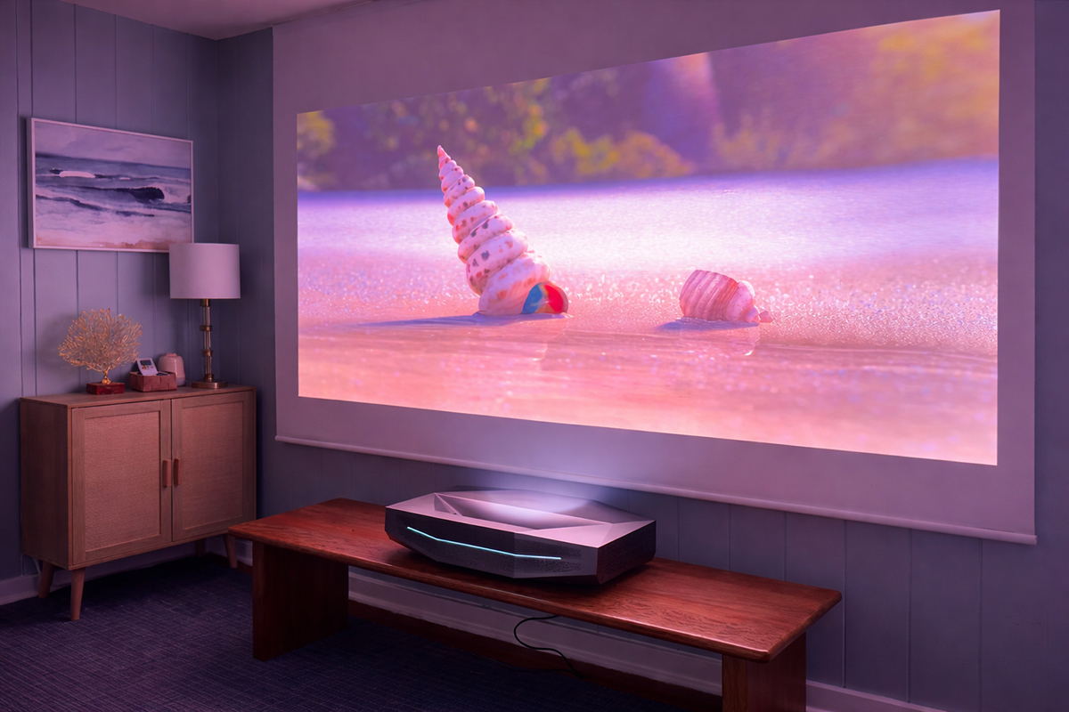 Proyektor Ultra Short Throw menghadirkan pengalaman menonton hingga 100 inci hanya dari jarak beberapa sentimeter dari dinding, menjadikannya alternatif TV modern dengan kualitas sinematik dan desain minimalis untuk ruang keluarga.