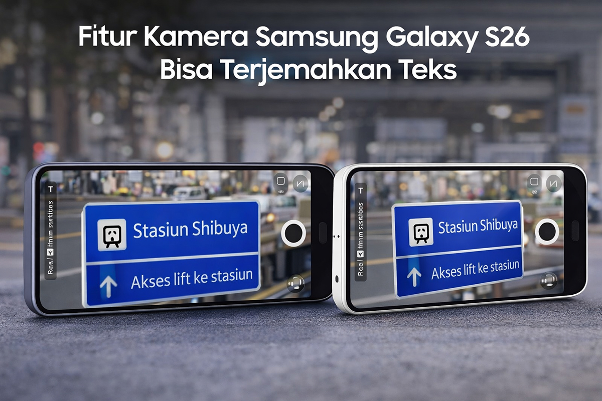 Fitur Real-time Translation di kamera Samsung Galaxy S26 memungkinkan teks asing seperti papan petunjuk langsung diterjemahkan dan tampil menyatu secara otomatis di layar kamera.