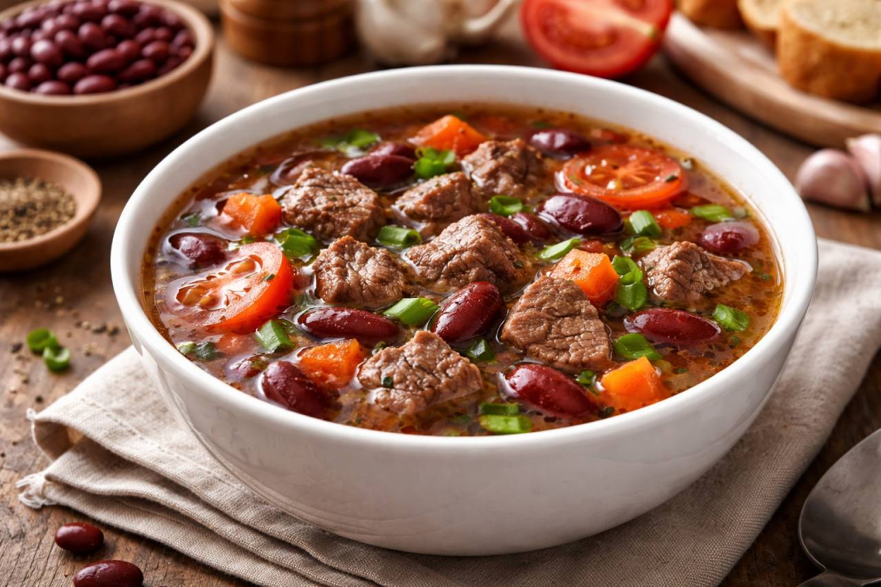 Sup daging kacang merah hangat dengan kuah gurih berempah dan potongan daging sapi empuk, menu bergizi yang cocok untuk santapan keluarga.