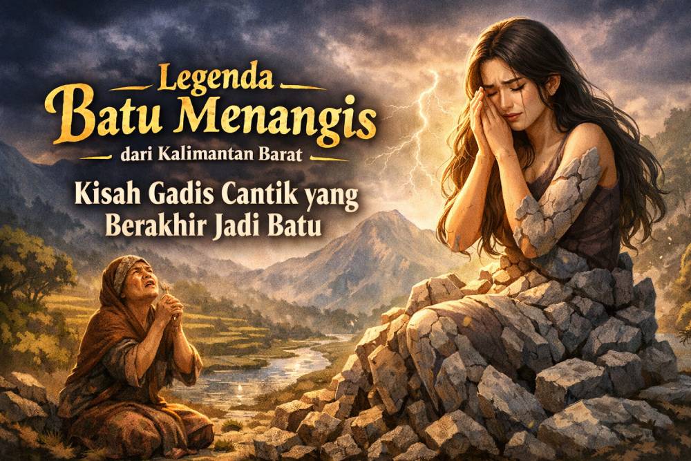 Legenda Batu Menangis dari Kalimantan Barat, kisah gadis cantik bernama Darmi yang dikutuk menjadi batu akibat kesombongan dan kedurhakaannya kepada sang ibu.