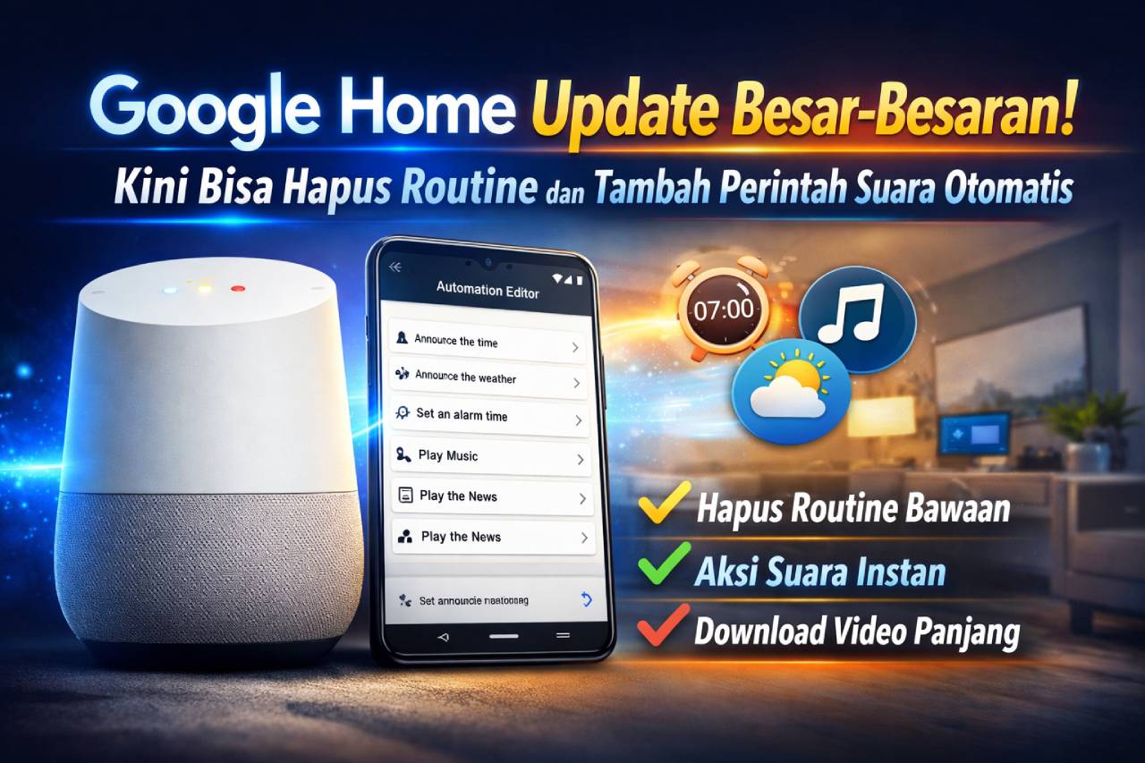 Update terbaru Google Home menghadirkan fitur automasi lebih praktis, termasuk aksi suara instan, kemampuan menghapus routine bawaan, serta peningkatan download video kamera hingga 5 menit penuh.