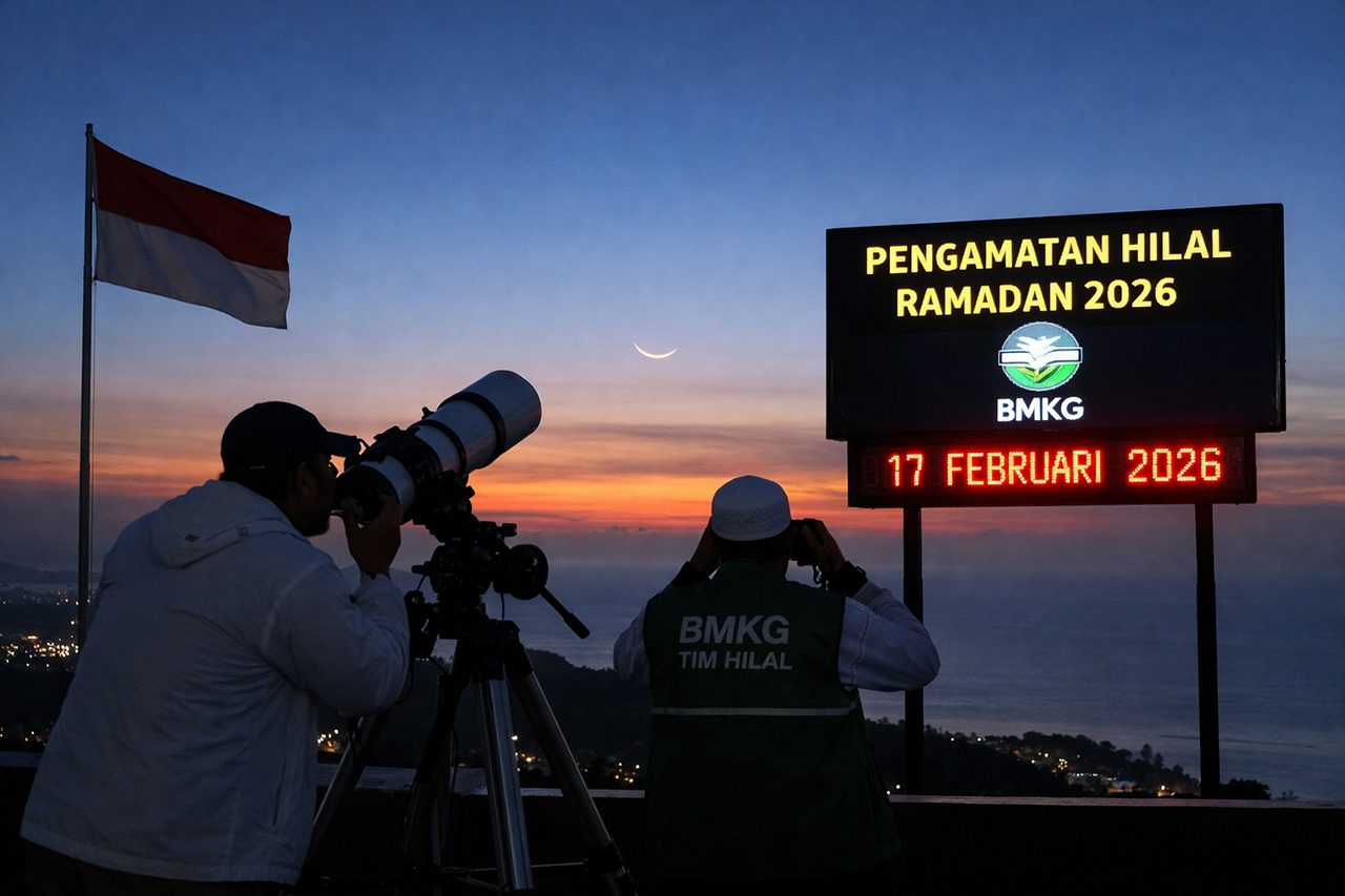 Tim Badan Meteorologi, Klimatologi, dan Geofisika (BMKG) melakukan pengamatan hilal menggunakan teleskop di salah satu titik pemantauan, Senin (17/2/2026).