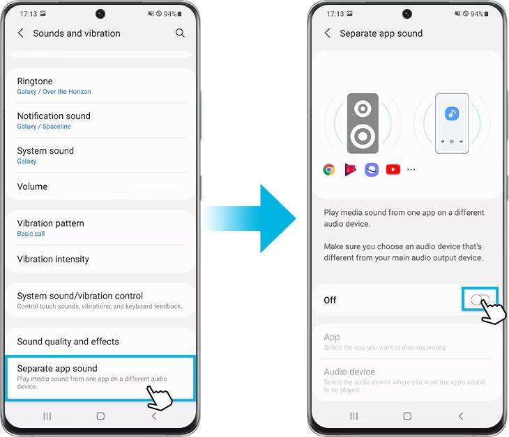 Tampilan fitur Separate App Sound Samsung yang memungkinkan pengguna memutar musik dan game dengan volume berbeda.
