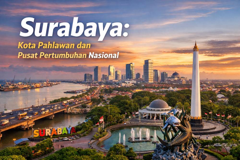 Panorama Kota Surabaya dengan Tugu Pahlawan sebagai ikon utama, menegaskan identitas Surabaya sebagai Kota Pahlawan sekaligus pusat pertumbuhan ekonomi dan sejarah penting di Indonesia.