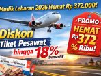 “Mudik Lebaran 2026 jadi lebih hemat! Dapatkan diskon tiket pesawat hingga 18% untuk rute domestik, hemat hingga Rp 372.000 per perjalanan.