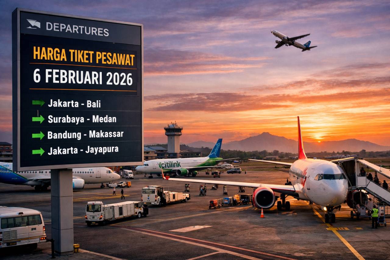 Aktivitas penerbangan di bandara pada 6 Februari 2026 terpantau normal dengan harga tiket pesawat rute domestik di seluruh Indonesia relatif stabil, seiring kondisi lalu lintas udara yang masih landai.