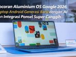 Sebuah laptop Chromebook dipamerkan dalam sebuah acara teknologi, menggambarkan masa depan laptop berbasis Aluminium OS dari Google yang dikabarkan akan meluncur pada 2026 dengan integrasi Android, fitur AI, dan konektivitas perangkat yang lebih canggih.