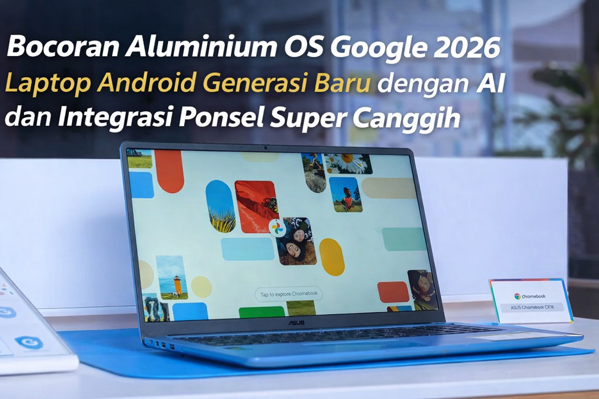 Sebuah laptop Chromebook dipamerkan dalam sebuah acara teknologi, menggambarkan masa depan laptop berbasis Aluminium OS dari Google yang dikabarkan akan meluncur pada 2026 dengan integrasi Android, fitur AI, dan konektivitas perangkat yang lebih canggih.