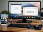 Tampilan Android Desktop Mode pada perangkat Google Pixel saat terhubung ke monitor eksternal, memungkinkan pengguna bekerja seperti menggunakan komputer dengan dukungan keyboard dan mouse.