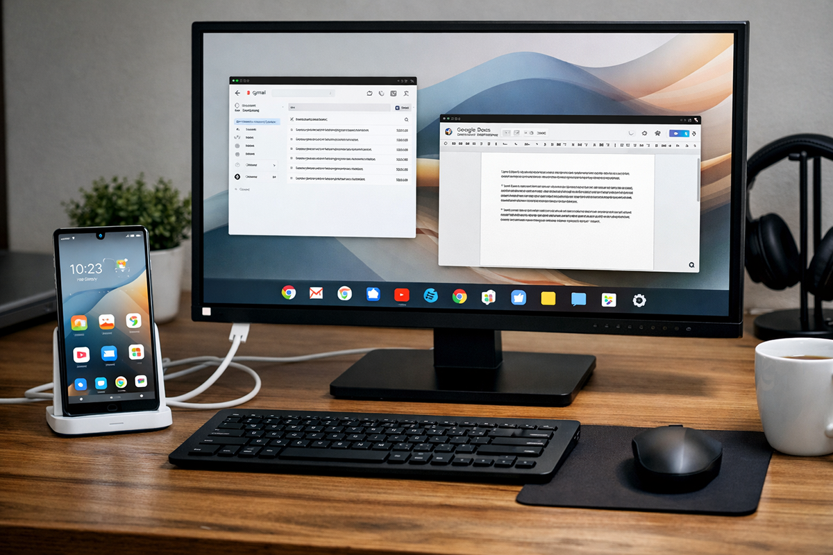 Tampilan Android Desktop Mode pada perangkat Google Pixel saat terhubung ke monitor eksternal, memungkinkan pengguna bekerja seperti menggunakan komputer dengan dukungan keyboard dan mouse.