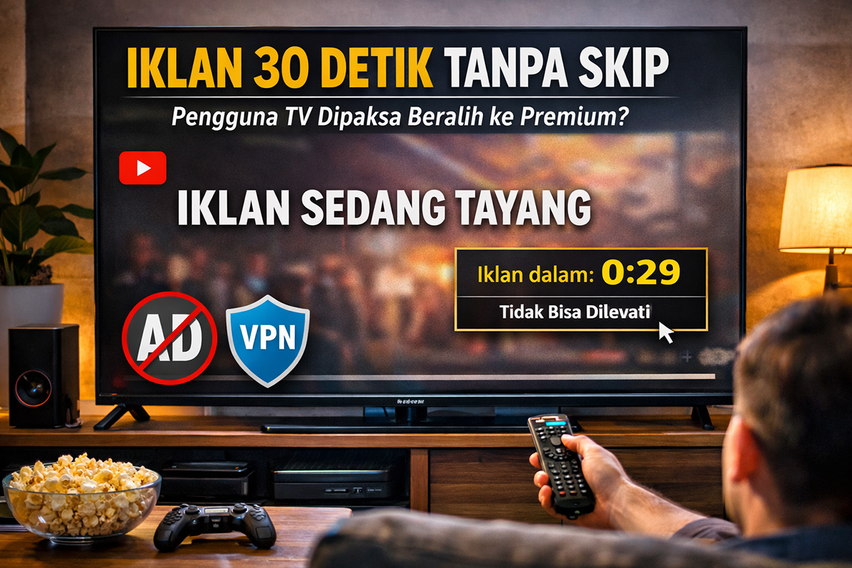 Ilustrasi tampilan iklan 30 detik tanpa skip di YouTube Smart TV, kebijakan baru ini membuat pengguna gratis harus menonton iklan lebih lama sebelum video dapat diputar.