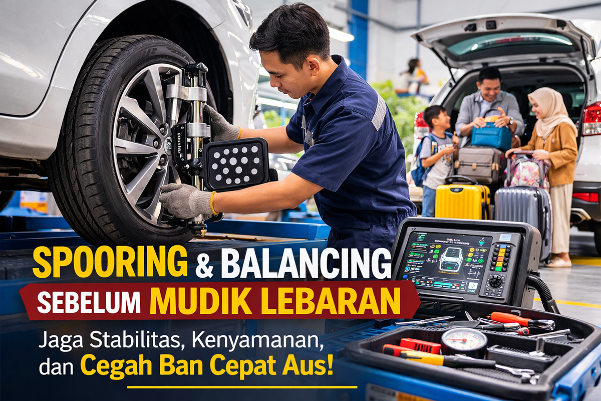 Mekanik melakukan proses spooring dan balancing pada roda mobil di bengkel untuk memastikan kendaraan tetap stabil dan nyaman dikendarai sebelum digunakan untuk perjalanan mudik Lebaran.