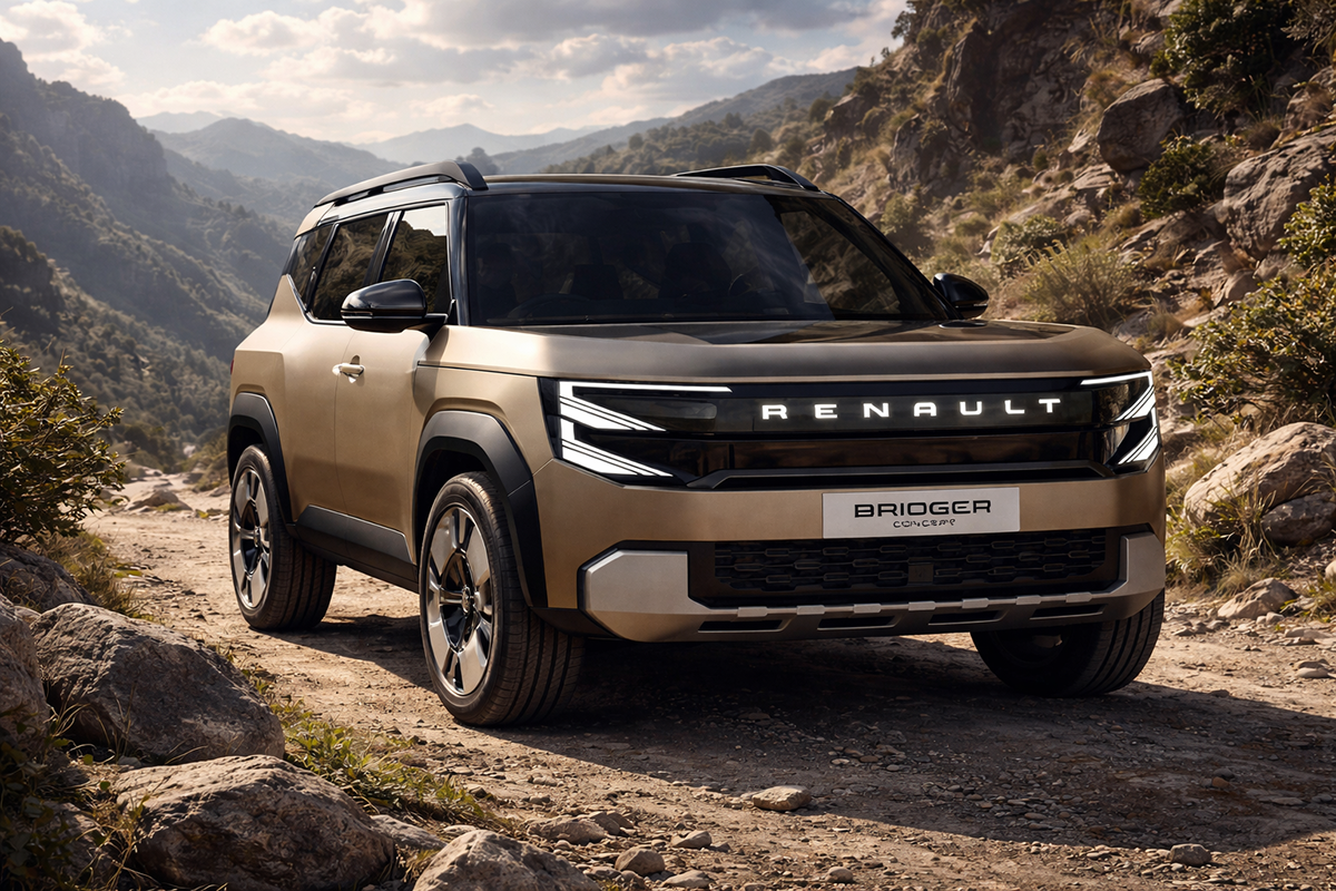 Renault Bridger Concept tampil gagah sebagai SUV kompak bergaya off-road yang dipersiapkan Renault untuk menjadi penantang serius Suzuki Jimny di pasar global, dengan desain tangguh dan dimensi ringkas yang cocok untuk perkotaan maupun petualangan.