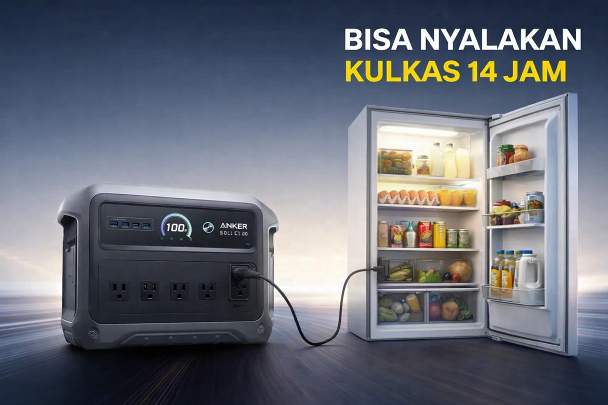 Power station Anker SOLIX C1000 Gen 2 mampu menyalakan kulkas hingga 14 jam berkat kapasitas baterai 1.024Wh dan output daya hingga 2000W, menjadikannya solusi listrik cadangan ideal saat mati listrik maupun aktivitas outdoor.