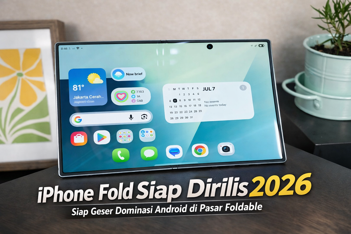 Ilustrasi smartphone layar lipat yang menggambarkan konsep iPhone Fold 2026, perangkat foldable pertama dari Apple yang dikabarkan akan hadir dengan layar lebih lebar, desain tanpa lipatan, serta teknologi terbaru untuk bersaing dengan ponsel lipat Android.