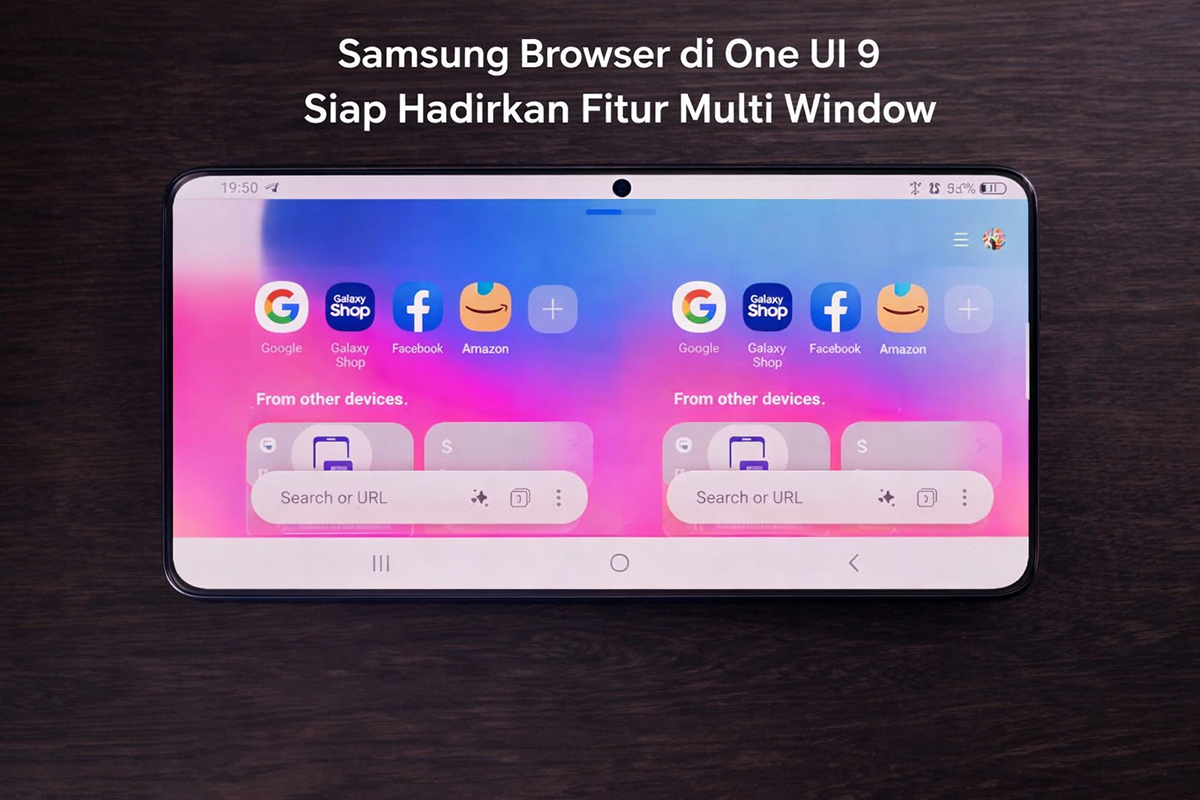 Tampilan fitur multi window di Samsung Browser pada pembaruan One UI 9 yang memungkinkan pengguna membuka beberapa jendela browser sekaligus untuk meningkatkan produktivitas saat browsing di perangkat Samsung Galaxy.
