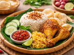 Nasi uduk gurih dengan ayam goreng bumbu kuning yang renyah, disajikan lengkap dengan sambal terasi pedas, irisan timun segar, telur dadar iris, bawang goreng, dan kerupuk.