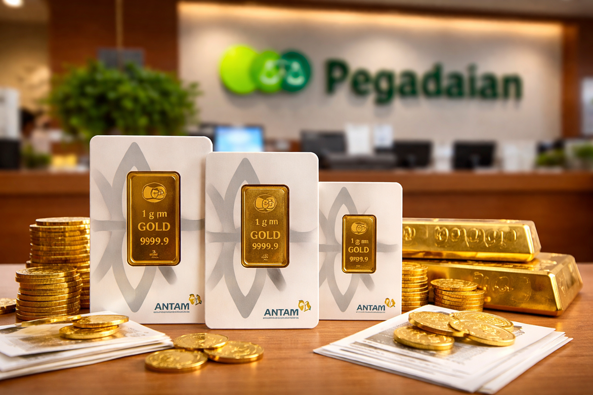 Emas Antam berbagai ukuran dipajang di gerai Pegadaian. Harga emas Antam di Pegadaian pada 15 Maret 2026 tercatat turun Rp25.000