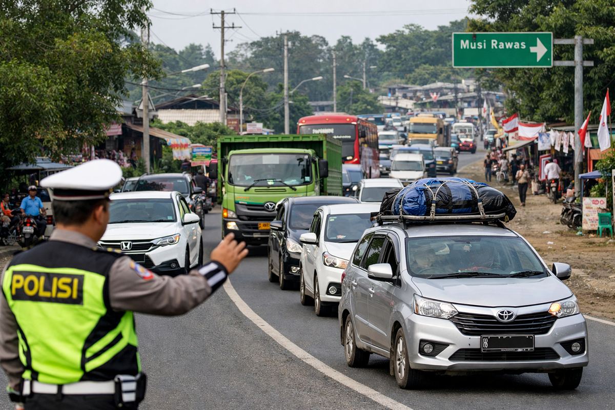 Petugas kepolisian mengatur arus kendaraan pemudik di jalur alternatif wilayah Lubuk Linggau, Sumatera Selatan.
