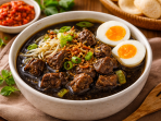 Semangkuk rawon daging hitam gurih khas Jawa dengan kuah pekat dari keluak, disajikan bersama tauge segar, telur asin, bawang goreng, dan sambal yang menggugah selera. Semangkuk rawon daging hitam gurih khas Jawa dengan kuah pekat dari keluak, disajikan bersama tauge segar, telur asin, bawang goreng, dan sambal yang menggugah selera.