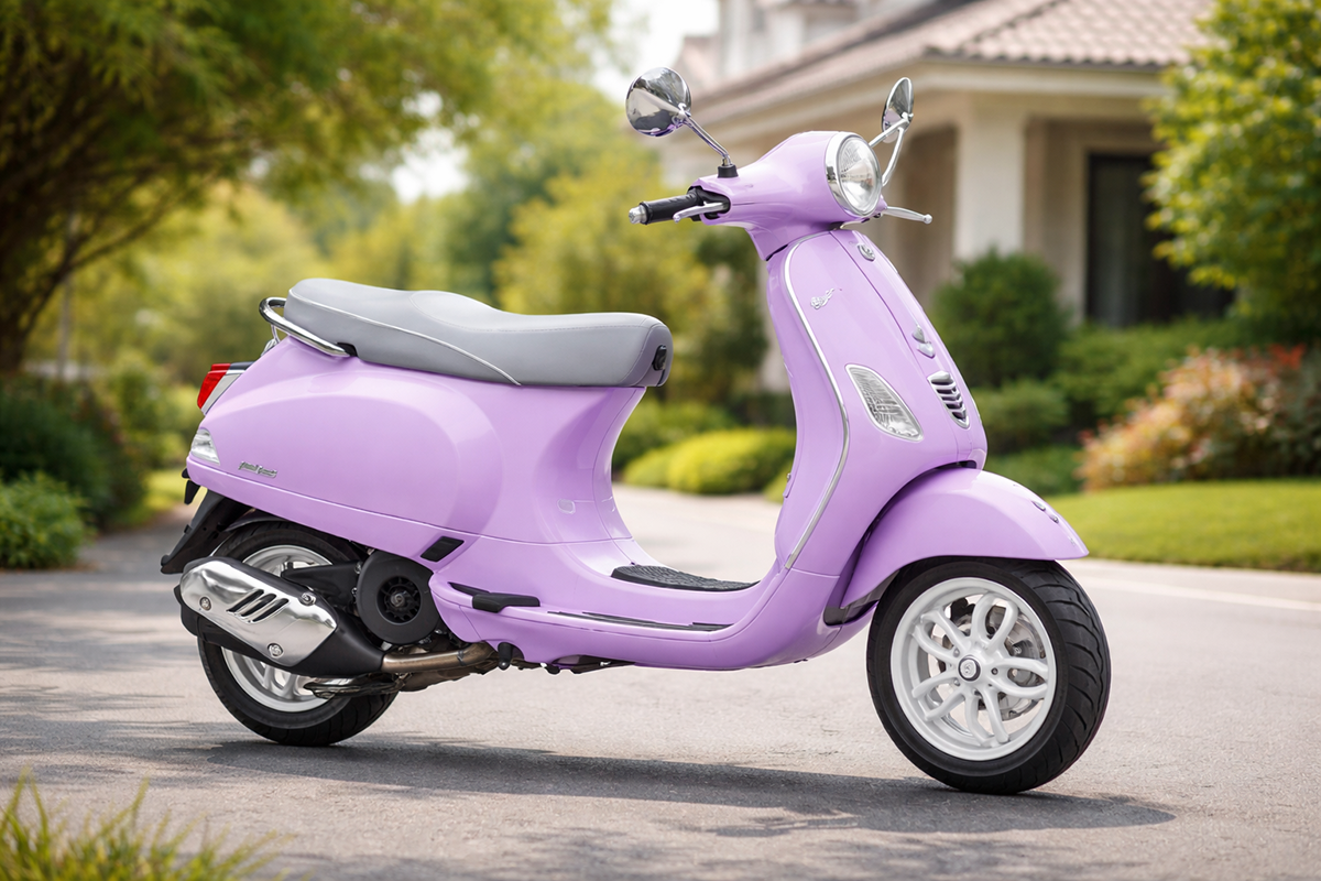 Vespa LX 125 i-GET tampil menawan dengan warna pastel Lilac Euforico yang ikonik.