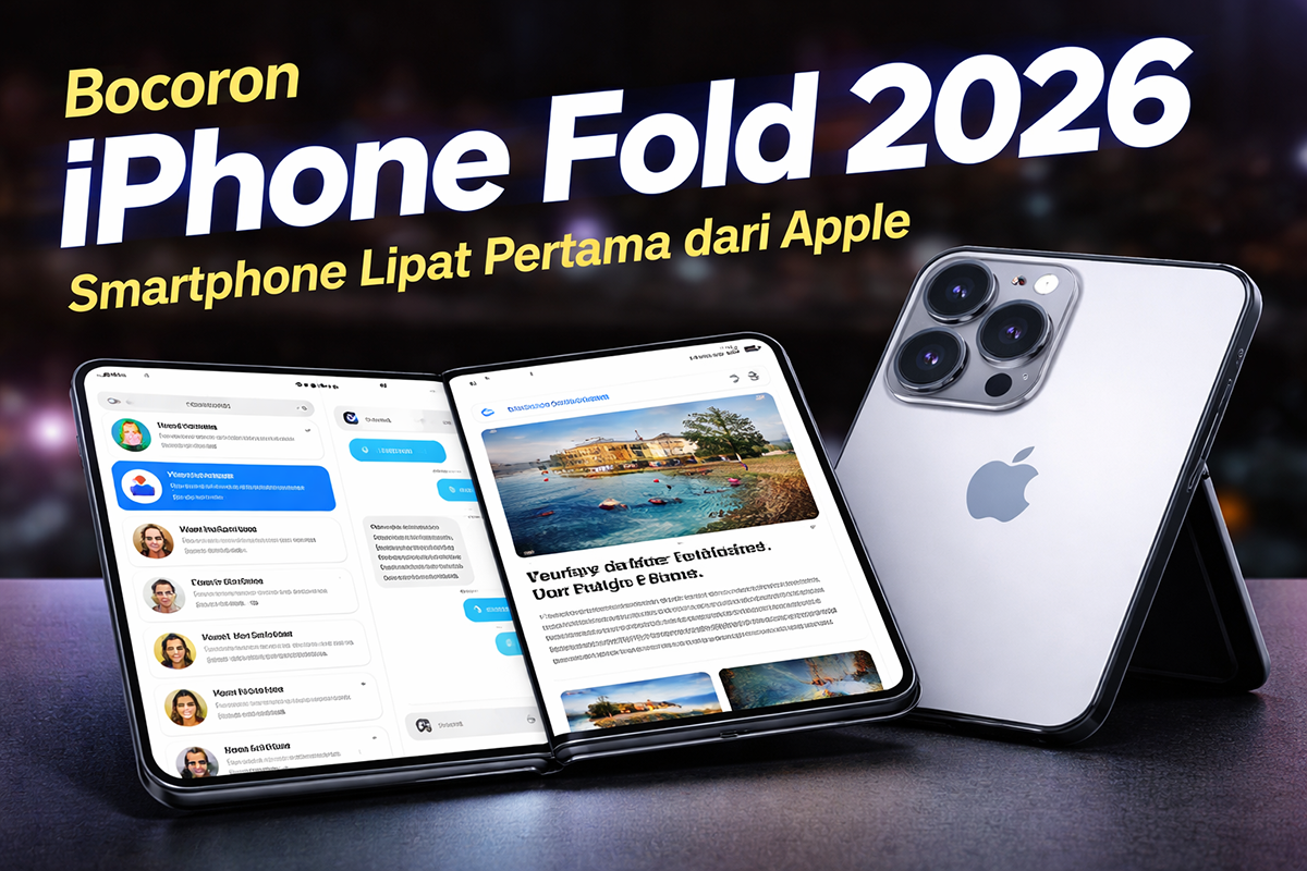 Ilustrasi bocoran desain iPhone Fold 2026, smartphone layar lipat pertama dari Apple yang dikabarkan menghadirkan antarmuka mirip tablet, fitur multitasking dua aplikasi sekaligus, serta desain foldable bergaya buku yang siap bersaing dengan ponsel lipat dari Samsung.