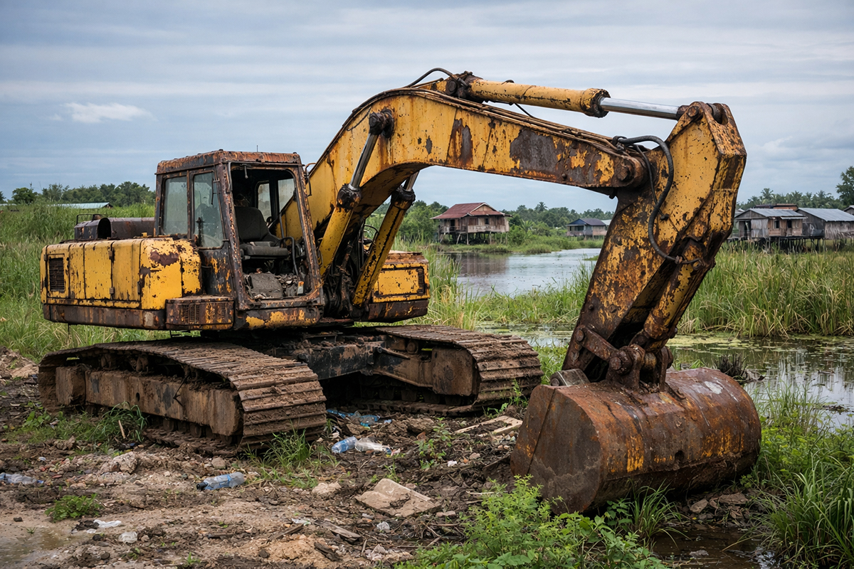 Excavator miliaran rupiah milik Dinas Perikanan OKI terlihat terbengkalai di kawasan perairan, berkarat dan tak lagi berfungsi setelah bertahun-tahun tanpa perawatan.
